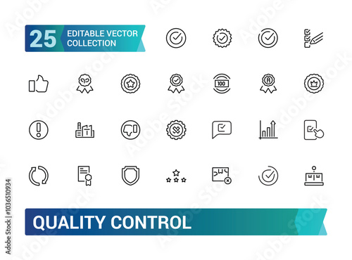 Set of quality control line icons. Related to check, certificate, inspect, review, approve, checkmark and more. Editable stroke. Pixel perfect, vector illustration.