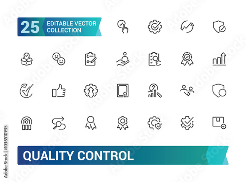Set of quality control line icons. Related to check, certificate, inspect, review, approve, checkmark and more. Editable stroke. Pixel perfect, vector illustration.