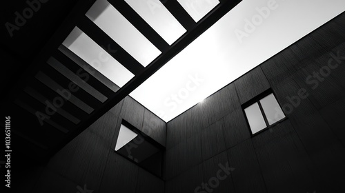 A monochromatic view of a modern architectural space with angular lines and natural light.