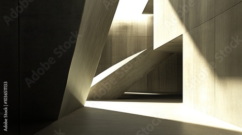 A modern architectural space with angular forms and dynamic light interplay.