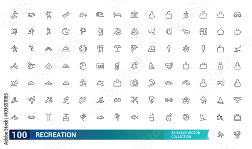 Set of recreation line icons. Entertainment, hobby, vacation, sports, tourism and more. Web line icon. Outline pictogram. Editable stroke. Pixel perfect, vector illustration.