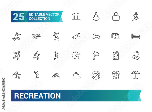 Set of recreation line icons. Entertainment, hobby, vacation, sports, tourism and more. Web line icon. Outline pictogram. Editable stroke. Pixel perfect, vector illustration.