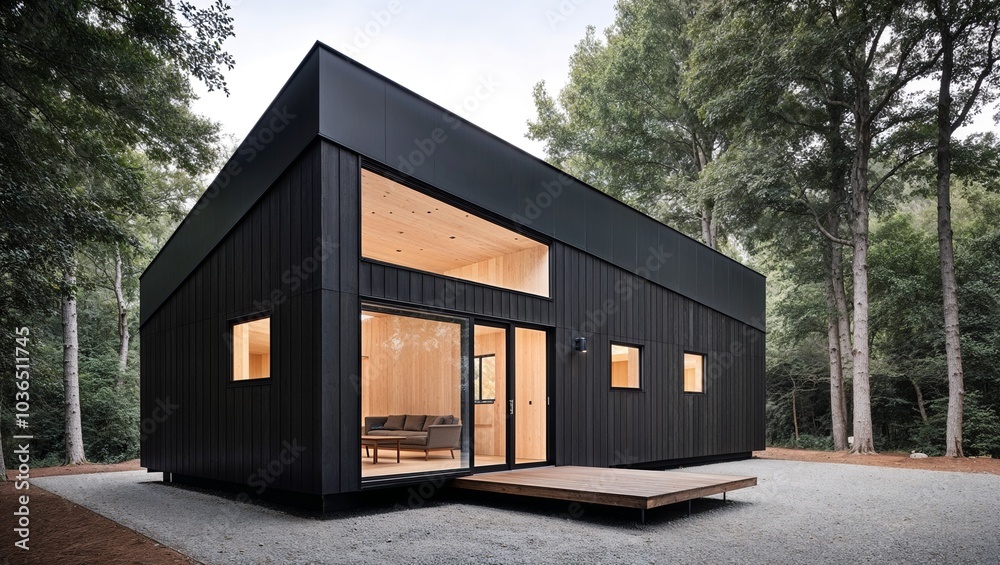 modern, minimalist cabin set in a lush, forested environment. The structure features a sleek, dark exterior with horizontal wooden paneling modern, minimalist cabin set in a lush, forested environment. The structure features a sleek, dark exterior with horizontal wooden paneling