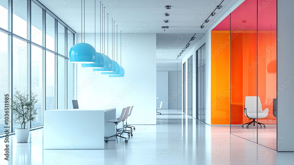 Fototapeta premium Modern office, elegant lobby, long glass windows