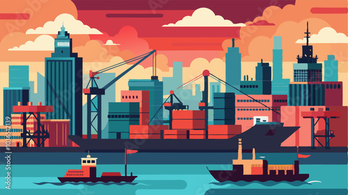 Towering cranes and massive cargo ships create a dramatic backdrop against the city skyline in the harbor. Meanwhile smaller fishing boats zigzag through the maze of larger vessels