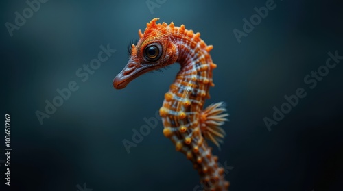 A seahorse delicately posed in front of a neutral background with its curled tail and unique body