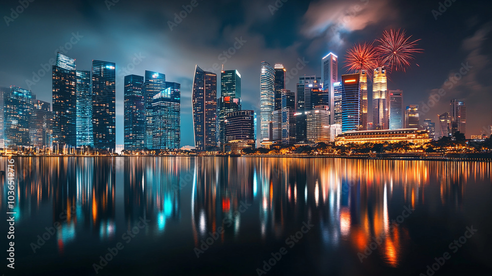 Naklejka premium A lively New Year's Eve in Singapore, with fireworks lighting up the skyline. 