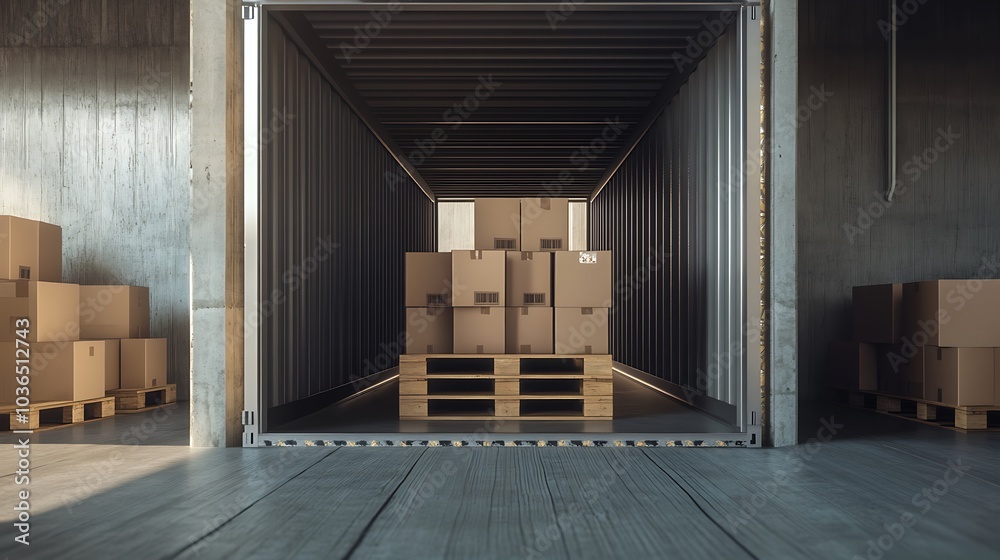 Open Shipping Container with Cardboard Boxes Open Shipping Container with Cardboard Boxes