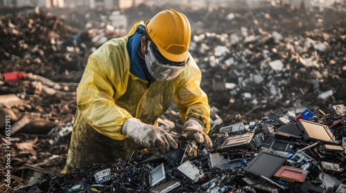 A worker in protective gear sorts through electronic waste in a recycling plant.