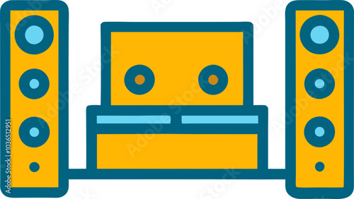 Home theater system icon with blue and yellow color scheme in a simple flat design, 간단한 플랫 디자인의 파란색과 노란색 색조로 표현된 홈 시어터 시스템 아이콘