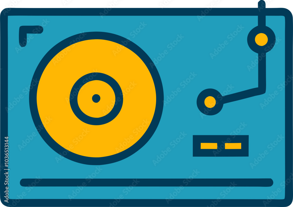 Retro style turntable vinyl record player icon in minimalistic blue and yellow color palette, 레트로 스타일의 간단한 파란색과 노란색 색조로 표현된 미니멀리즘 아이콘 디자인 Retro style turntable vinyl record player icon in minimalistic blue and yellow color palette, 레트로 스타일의 간단한 파란색과 노란색 색조로 표현된 미니멀리즘 아이콘 디자인