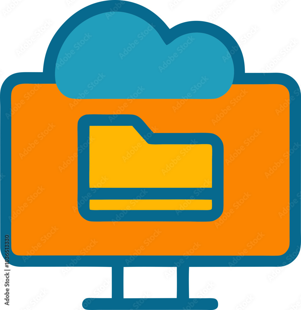 Cloud storage icon with a folder and computer monitor in a simple orange and blue color scheme, 간단한 오렌지와 파란색 색조로 표현된 폴더와 컴퓨터 모니터가 있는 클라우드 저장소 아이콘 Cloud storage icon with a folder and computer monitor in a simple orange and blue color scheme, 간단한 오렌지와 파란색 색조로 표현된 폴더와 컴퓨터 모니터가 있는 클라우드 저장소 아이콘