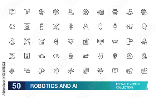 Set of robotics and AI icons. Set with robot and bot technology, artificial intelligence, engineering, automated machinery. Editable stroke.
