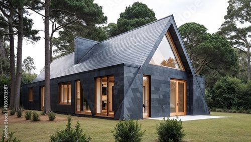 Wallpaper Mural modern, minimalist cabin set in a lush, forested environment. The structure features a sleek, dark exterior with horizontal wooden paneling Torontodigital.ca