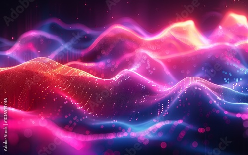 A vibrant, abstract design featuring colorful waves of light and glowing particles, creating a dynamic and energetic visual effect.