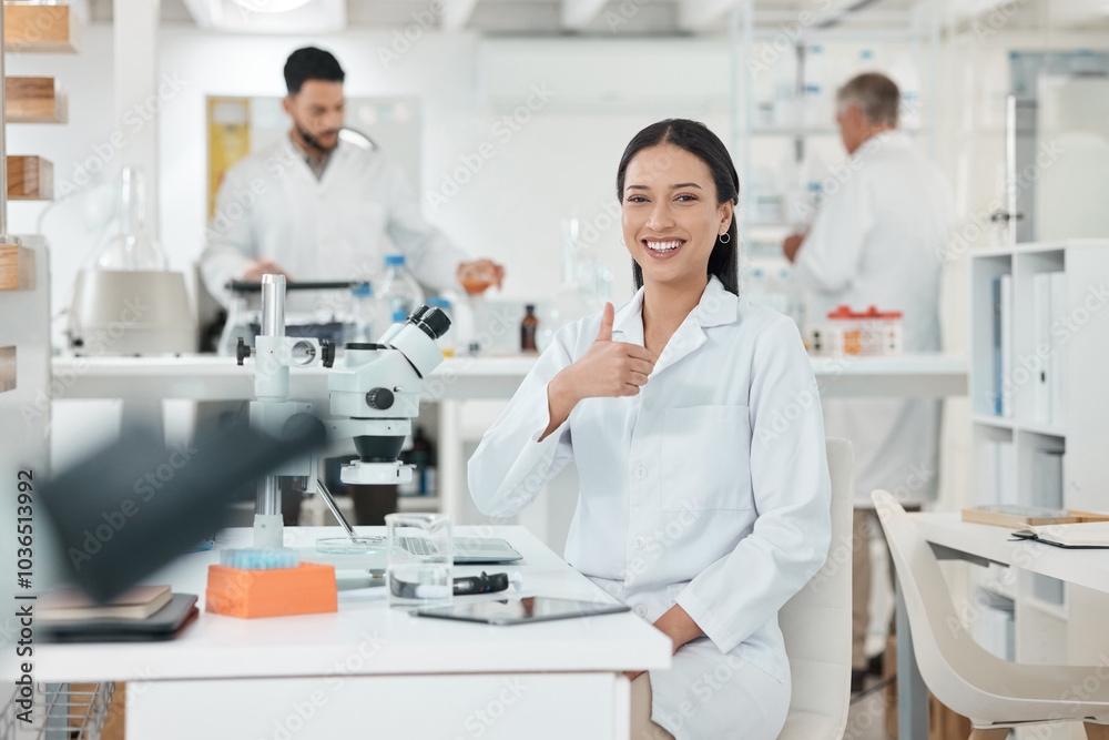 Research, thumbs up and portrait of woman in laboratory with confidence, smile and medical science. Healthcare, happy and scientist at desk with agreement, like or study in pharmaceutical engineering Research, thumbs up and portrait of woman in laboratory with confidence, smile and medical science. Healthcare, happy and scientist at desk with agreement, like or study in pharmaceutical engineering