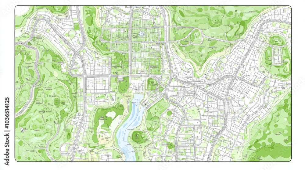 Fototapeta premium A detailed map of a city with green parks and a river.
