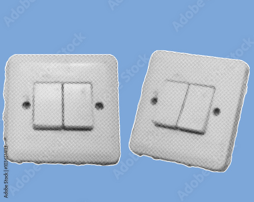 close up of light switch pixelate grayscale color halftone dotted texture style collage element isolated on blue background