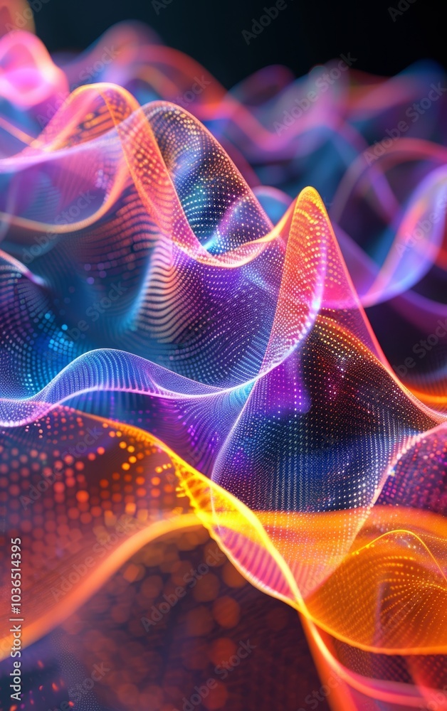 Fototapeta premium Colorful, abstract wave patterns illustrate digital art and sound waves, creating a vibrant, dynamic visual effect against a dark background.
