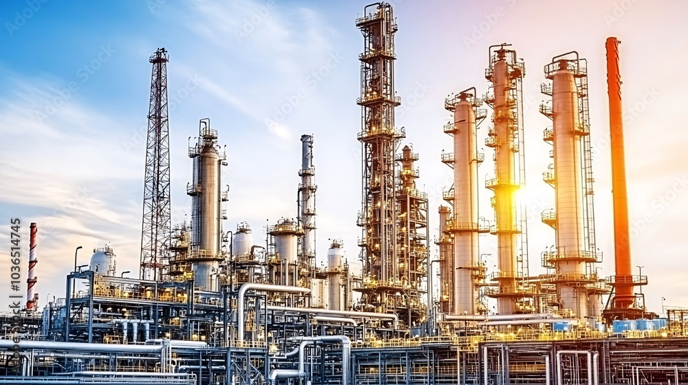 A large industrial complex with tall towers and pipes silhouetted against a bright sunset sky. A large industrial complex with tall towers and pipes silhouetted against a bright sunset sky.