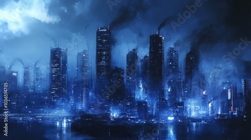 A futuristic cityscape at night, illuminated by blue lights and shrouded in smoke.