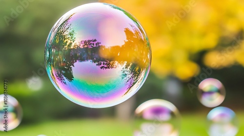 A large iridescent soap bubble floats in the air with a blurred background of trees and a yellow leaf.