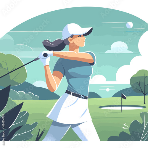 A woman is playing golf and swinging a club