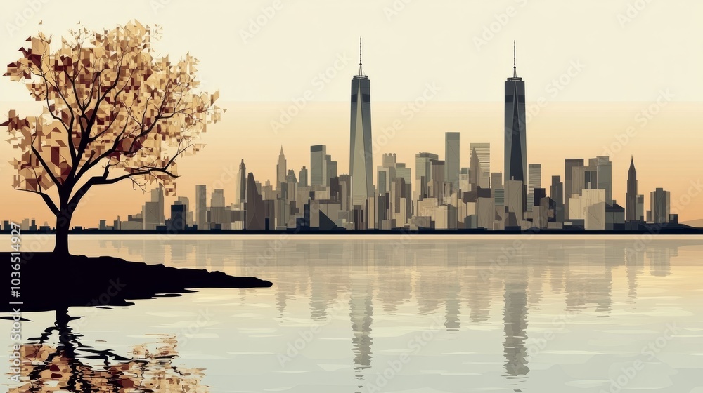 Fototapeta premium A lone tree stands on the shore of a river with a city skyline in the background.