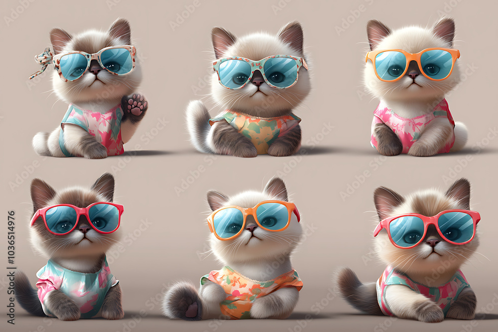 Fototapeta premium Six cute kittens wearing sunglasses and colorful shirts, posing playfully.