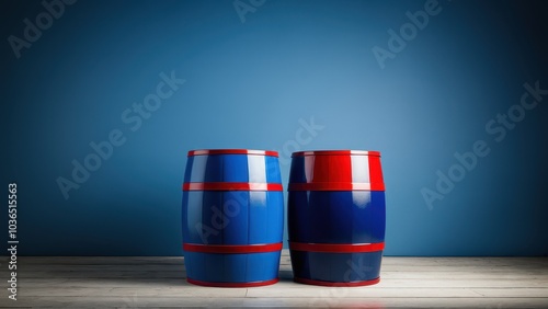 High-quality red blue barrel mockup for packaging design. Lifelike textures and customizable logos or labels, ideal for presenting industrial drums used in liquids or chemical storage photo