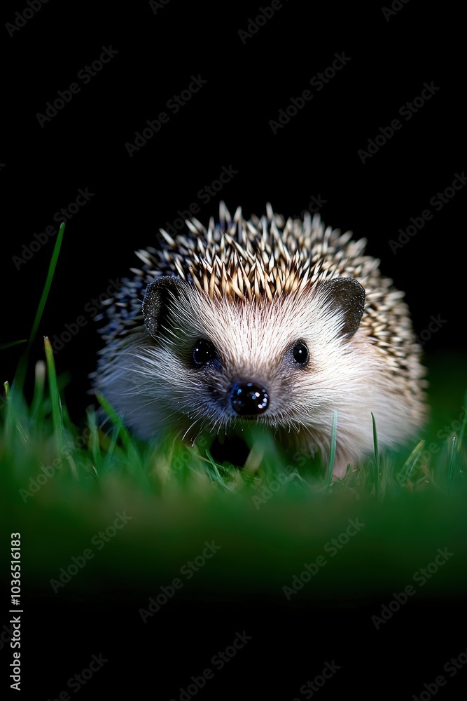 A hedgehog in the grass on black background A hedgehog in the grass on black background