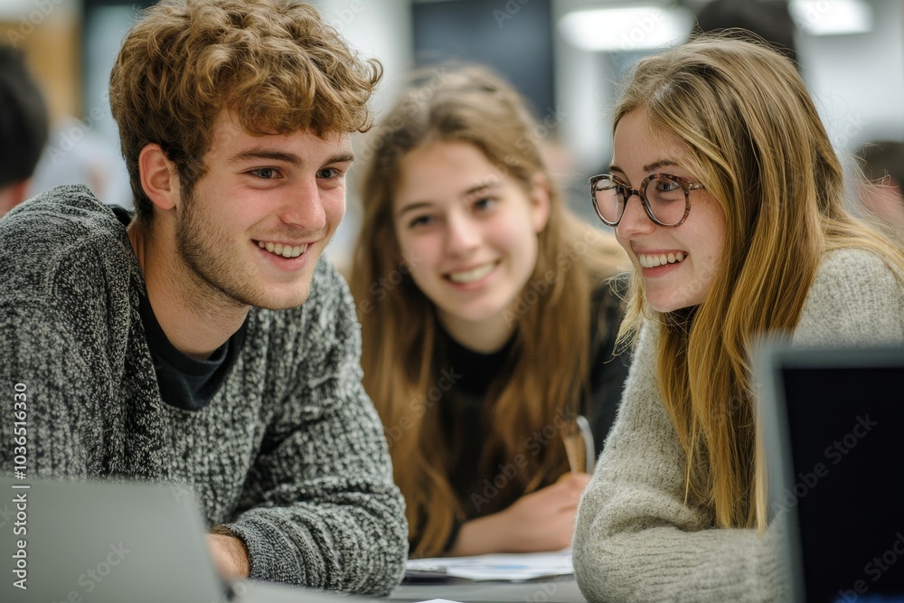 Students in university discussing project, Generative AI Students in university discussing project, Generative AI