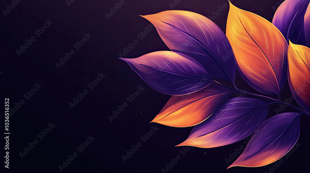 Fototapeta premium Purple and gold leaves, black background