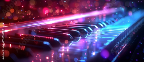 A vibrant, colorful image of piano keys illuminated by dynamic lights, creating a mesmerizing musical atmosphere.