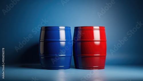 Red and blue barrel mockup for industrial branding. Ideal for showcasing logos or labels on realistic barrels with detailed textures. Perfect for presentations of oil, or fuel storage products photo