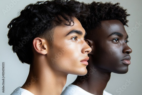 Three men with diverse skin tones standing together in a studio, showing the results of a consistent skincare routine, Generative AI