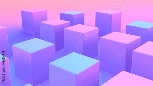 Abstract 3D geometric shapes in pastel pink and blue gradient background.