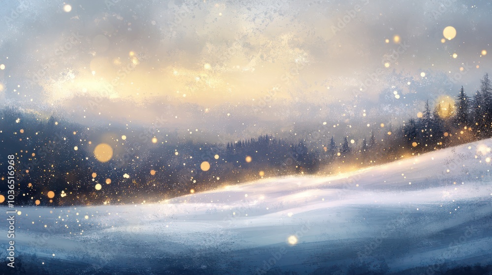 Fototapeta premium Abstract magic winter landscape with snow and golden bokeh lights - Banner, Panorama