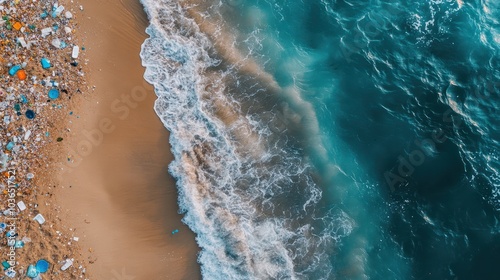 Aerial view of a polluted beach with plastic waste scattered along the shore