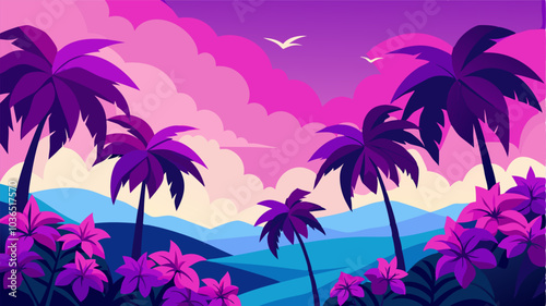 Towering palms sway above a sea of vivid pink and purple bougainvillea creating a dreamy tropical landscape.