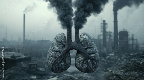 Air Pollution: A pair of lungs made out of factory smoke, symbolizing the impact of industrial air pollution on respiratory health photo