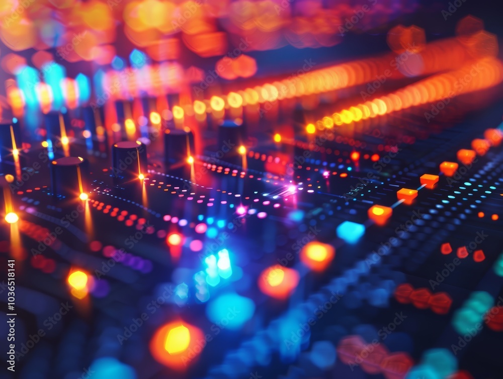A vibrant close-up of a circuit board with colorful lights, showcasing the interplay of technology and design. A vibrant close-up of a circuit board with colorful lights, showcasing the interplay of technology and design.