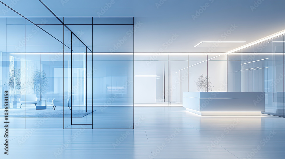 Fototapeta premium Modern office, elegant lobby, long glass windows