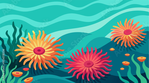 Vibrant sea anemones sway with the gentle currents in the coral lagoon providing a stunning contrast to the deep turquoise waters.