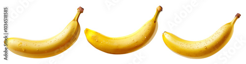 Bright yellow bananas with water droplets, isolated on white background, ideal for healthy food visuals. photo