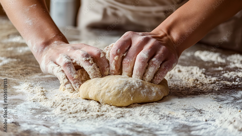 close-up of hands kneading dough on a floured countertop close-up of hands kneading dough on a floured countertop