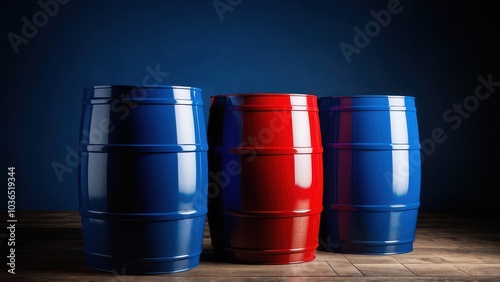 High-quality red blue barrel mockup for packaging design. Lifelike textures and customizable logos or labels, ideal for presenting industrial drums used in liquids or chemical storage photo