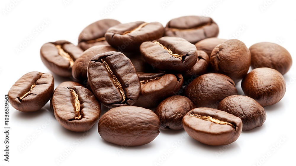 Coffee beans are clustered on a white surface. Coffee beans are clustered on a white surface.