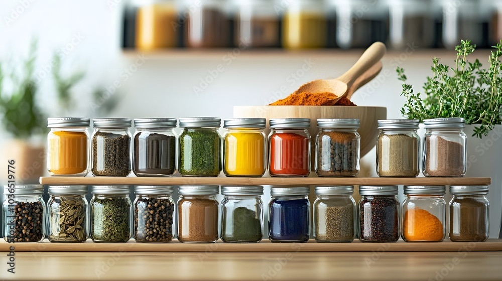 vibrant spice rack with jars and mixing bowl vibrant spice rack with jars and mixing bowl