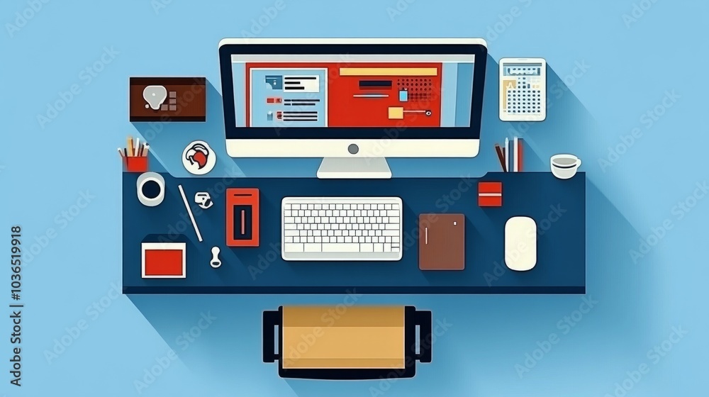 Flat design illustration of a desk with a computer, keyboard, mouse, coffee cup, and other office supplies. Flat design illustration of a desk with a computer, keyboard, mouse, coffee cup, and other office supplies.